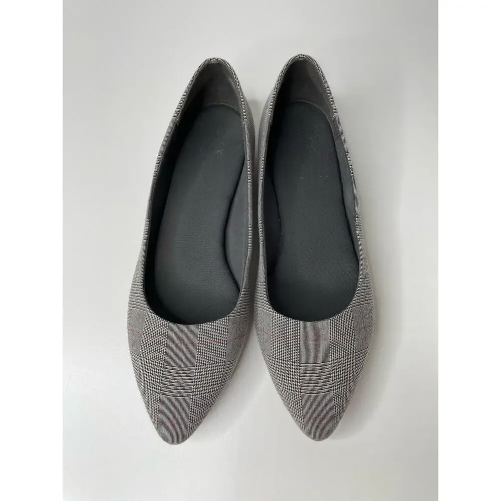 Marks Spencer Flat Ballet Slip On Pointed‎ Toe Shoe Plaid Gray 9 Academia Career